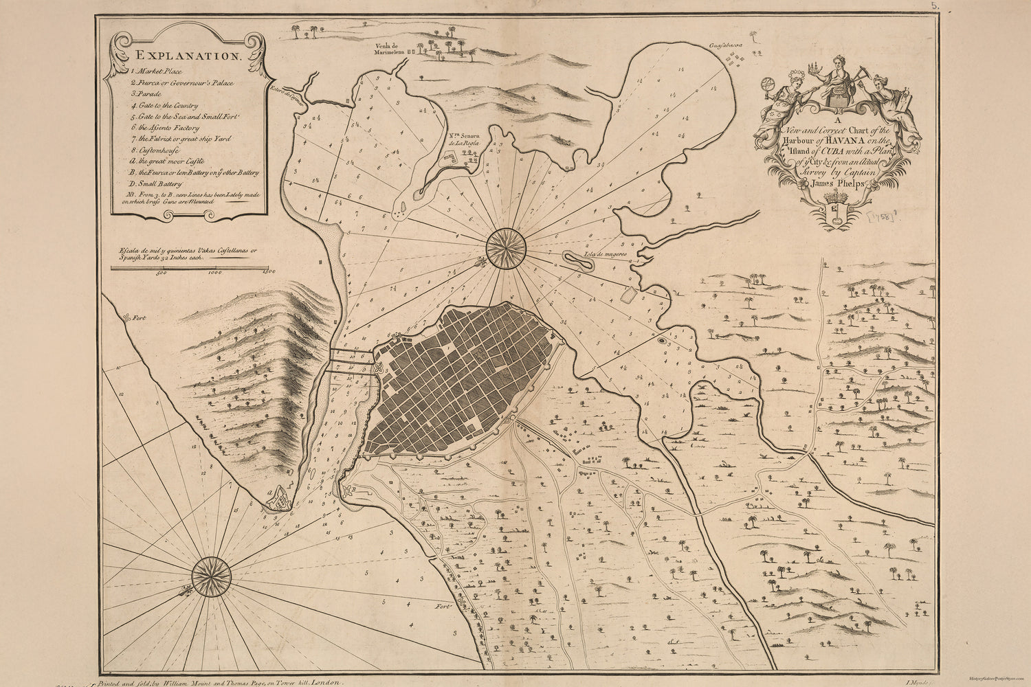 24"x36" Gallery Poster, chart map of Havana harbor Cuba 1758