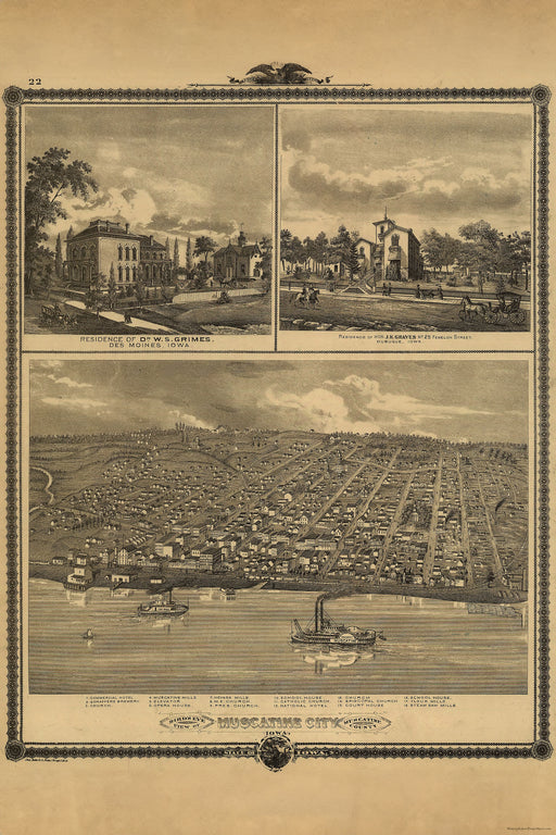 24"x36" Gallery Poster, birdseye view map of muscatine city iowa 1875