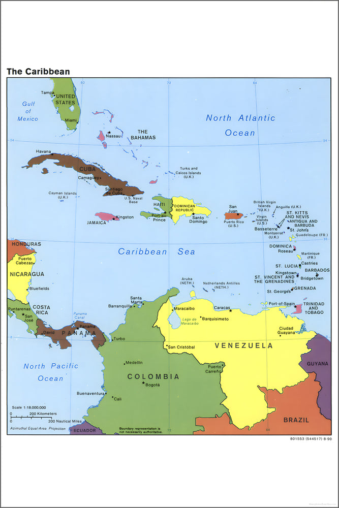 24"x36" Gallery Poster, cia map of The Caribbean 1990 cuba puerto rico