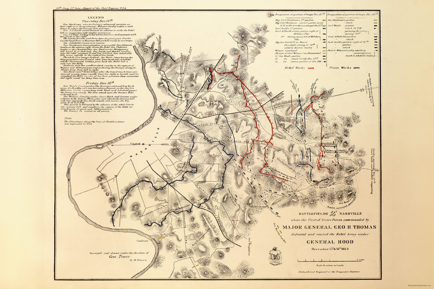 24"x36" Gallery Poster, map of Battle fields Nashville,Tennessee 1864