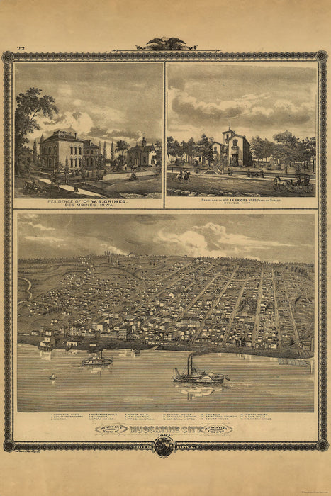 24"x36" Gallery Poster, birdseye view map of muscatine city iowa 1875