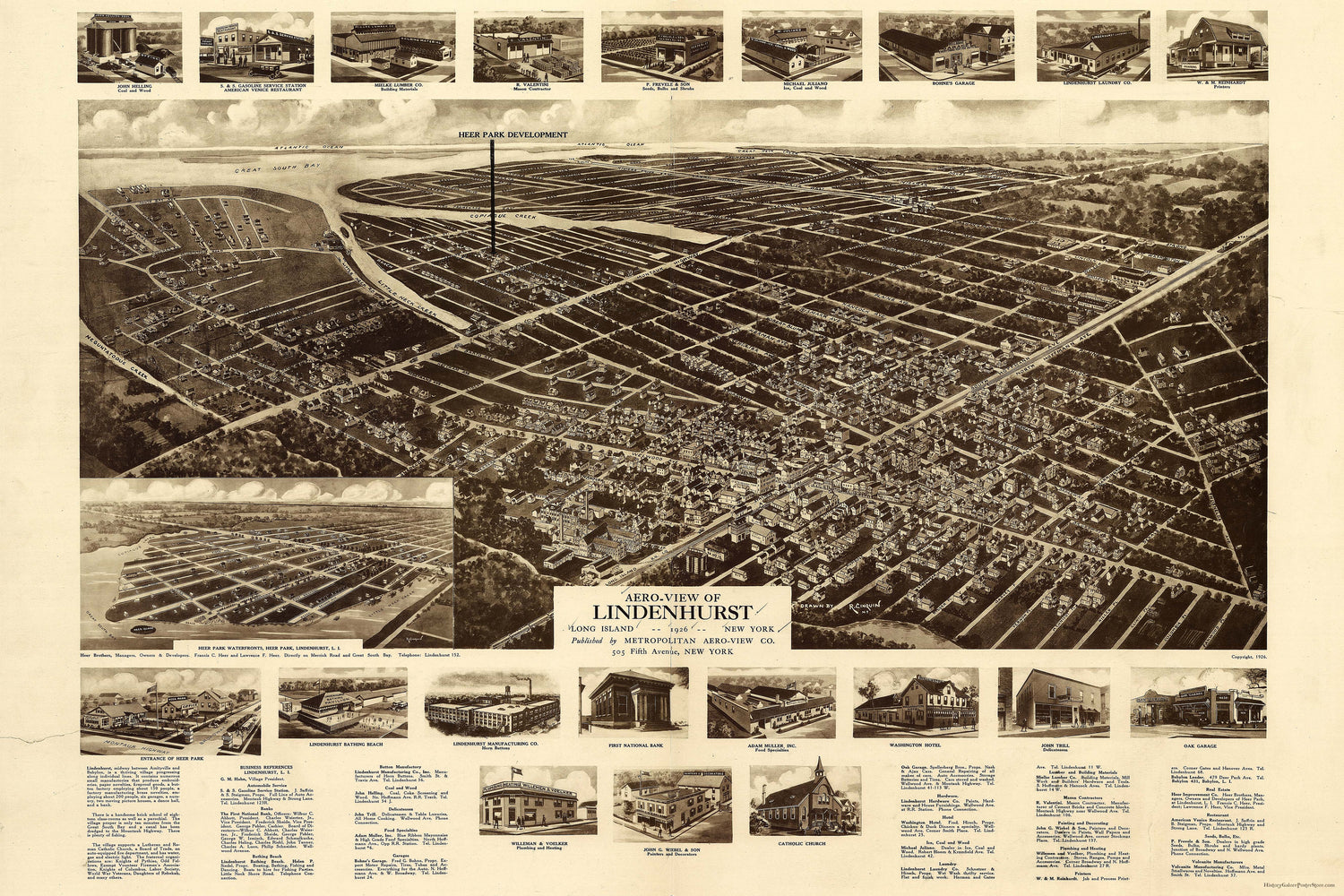24"x36" Gallery Poster, Aero-view map of Lindenhurst, Long Island, 1926, New York