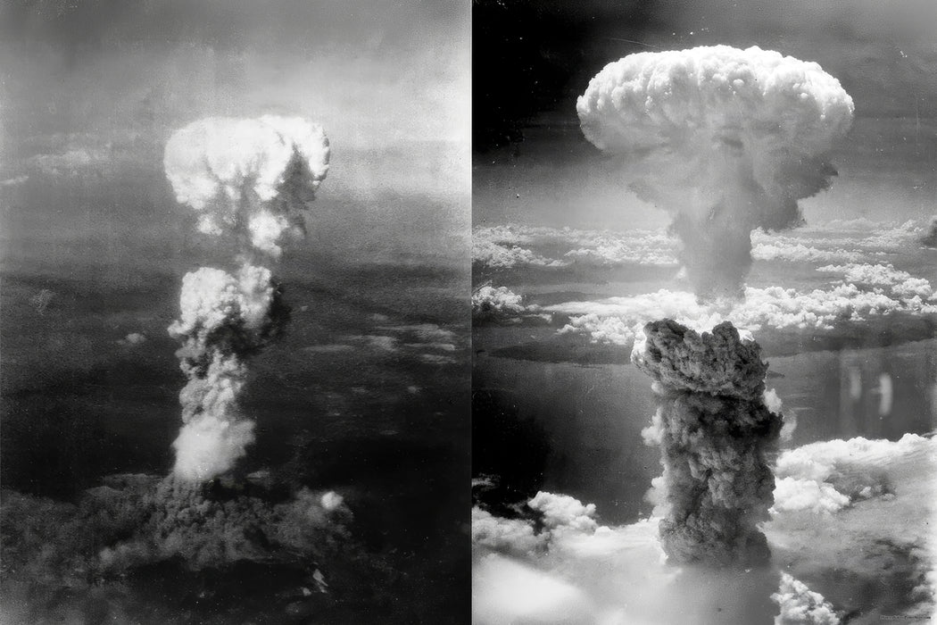 24"x36" Gallery Poster, nuclear atom bomb attacks hiroshima on left, nagasaki on right