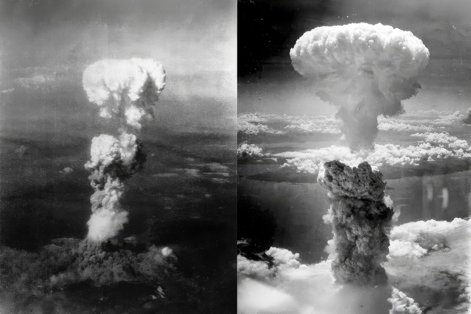 24"x36" Gallery Poster, nuclear atom bomb attacks hiroshima on left, nagasaki on right