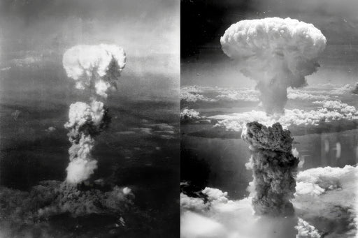 24"x36" Gallery Poster, nuclear atom bomb attacks hiroshima on left, nagasaki on right