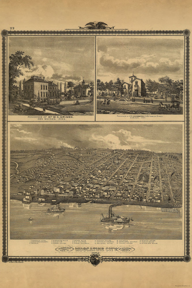 Poster, Many Sizes Available; Birdseye View Map Of Muscatine City Iowa 1875