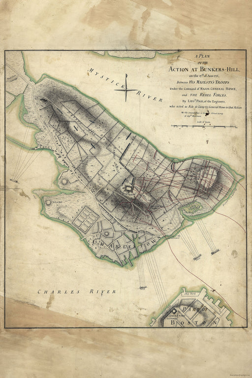 24"x36" Gallery Poster, map battle of Bunker Hill 17th June 1775 boston