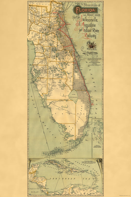24"x36" Gallery Poster, Map of Florida East Coast Line railroad 1893