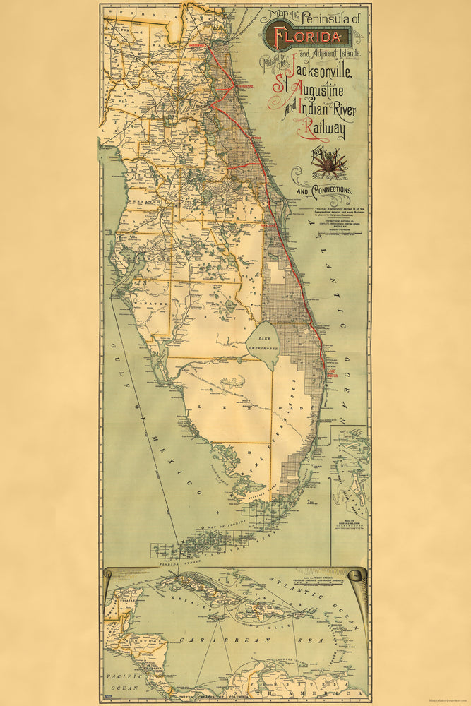 24"x36" Gallery Poster, Map of Florida East Coast Line railroad 1893