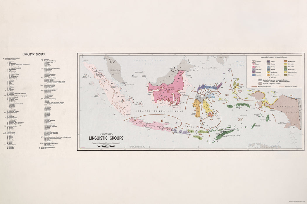 24"x36" Gallery Poster, map of Indonesia linguistic groups 1964