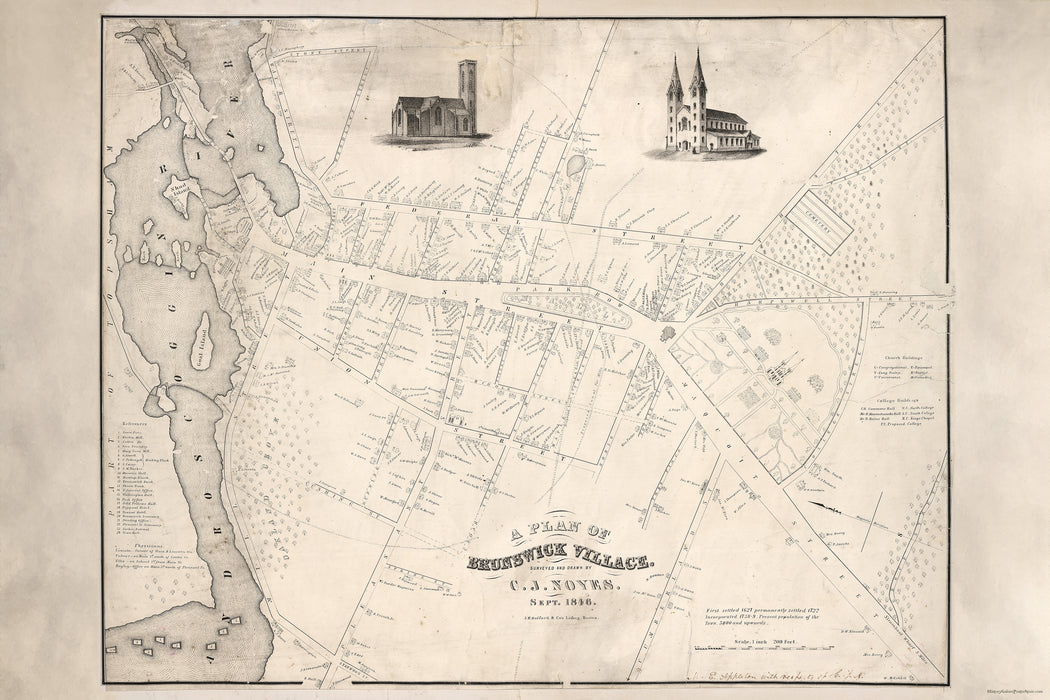 24"x36" Gallery Poster, map of Brunswick village maine 1846
