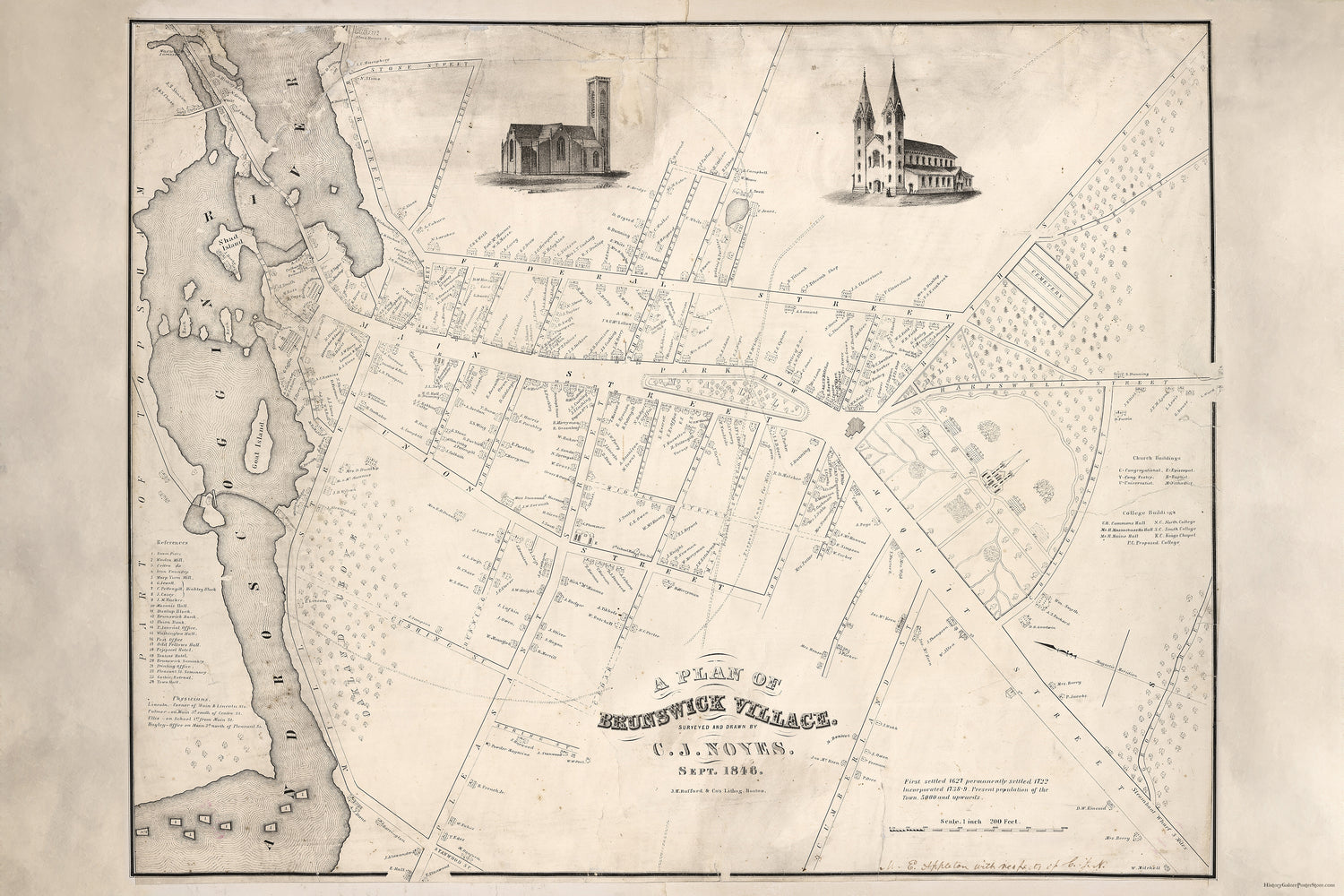 24"x36" Gallery Poster, map of Brunswick village maine 1846