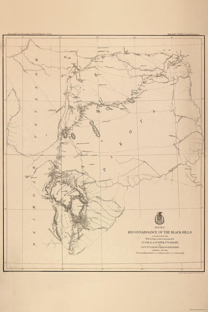 24"x36" Gallery Poster, map of Black Hills, 1874, battle of little big horn Custers last stand