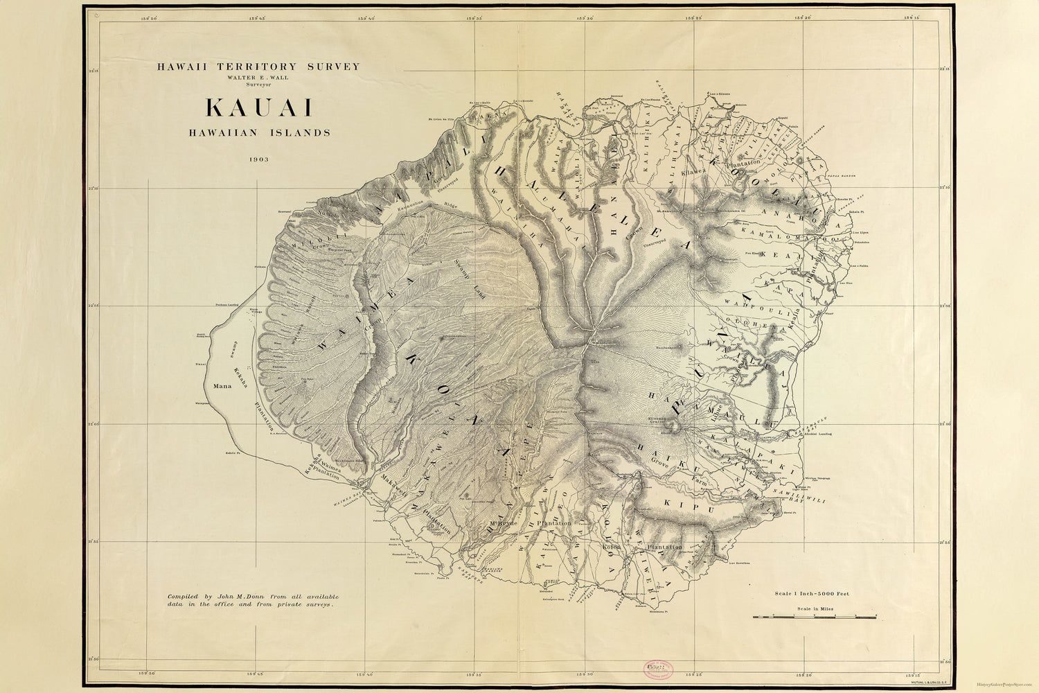 24"x36" Gallery Poster, map of Kauai, Hawaii, 1903