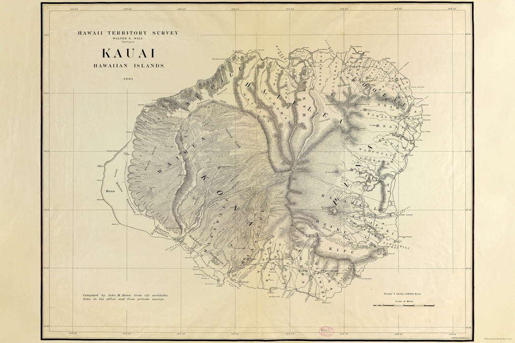 24"x36" Gallery Poster, map of Kauai, Hawaii, 1903