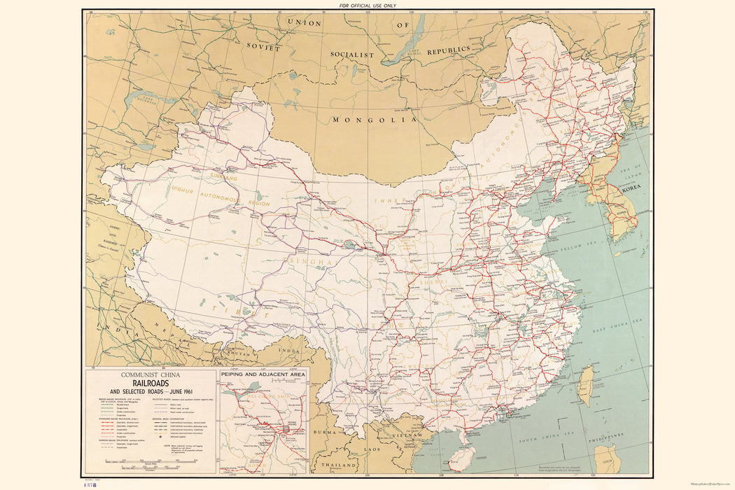 24"x36" Gallery Poster, cia map of China railroads & selected roads 1961