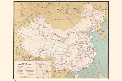 24"x36" Gallery Poster, cia map of China railroads & selected roads 1961