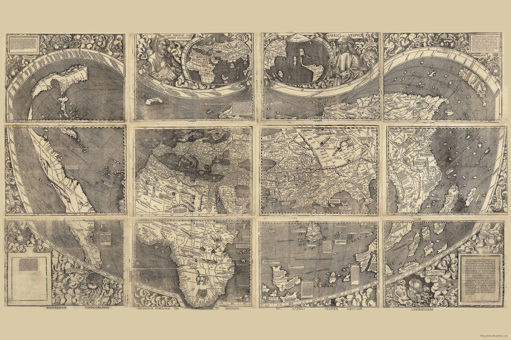 24"x36" Gallery Poster, Waldseemuller World Map, Universalis Cosmographia, c1507