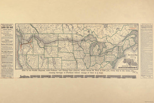 24"x36" Gallery Poster, map Northern Pacific Railroad Oregon Railway 1883