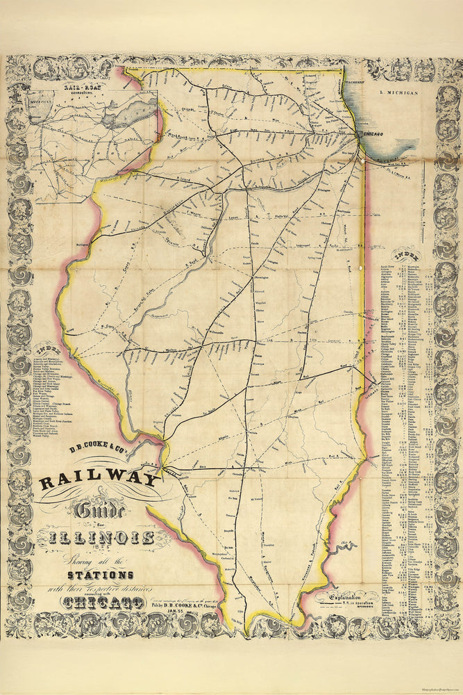 24"x36" Gallery Poster, Railroad map of Illinois 1855