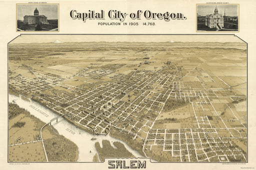 24"x36" Gallery Poster, birdseye view map of Salem oregon 1905