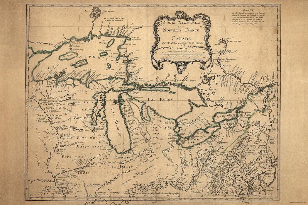 24"x36" Gallery Poster, map of michigan great lakes 1755 p1 in french