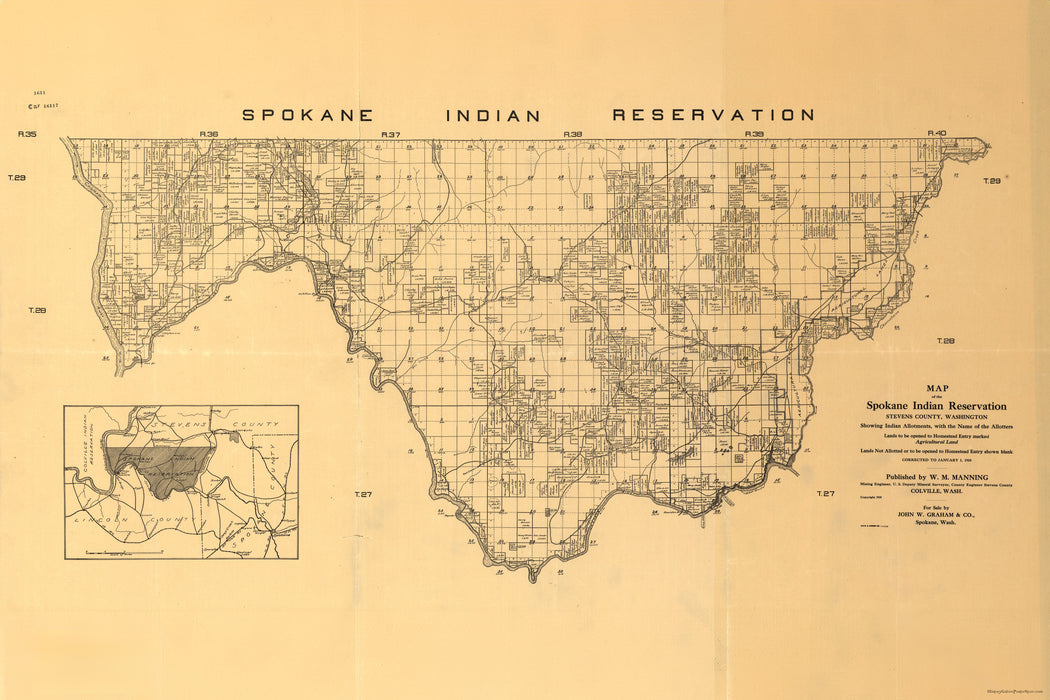 24"x36" Gallery Poster, Map of Spokane Indian Res. Washington state 1910
