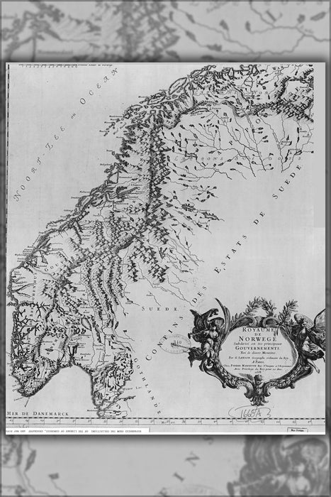 24"x36" Gallery Poster, 1668 Map of Norway by G. Sanson in French