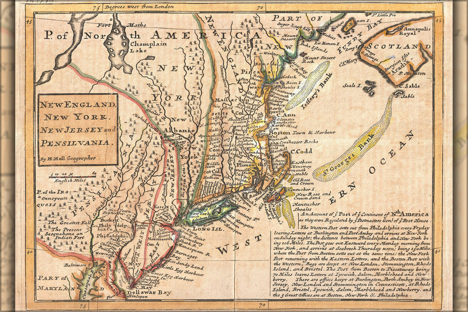 24"x36" Gallery Poster, 1729 post map Moll Map of New York, New England, and Pennsylvania (First Postal Map of New England)