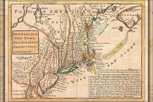24"x36" Gallery Poster, 1729 post map Moll Map of New York, New England, and Pennsylvania (First Postal Map of New England)
