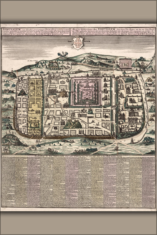 24"x36" Gallery Poster, 1731 map Jerusalem time of jesus; latin and german