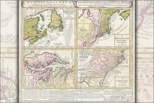 24"x36" Gallery Poster, 1737 Homann Heirs Map of New England, Georgia and Carolina, and Virginia and Maryland