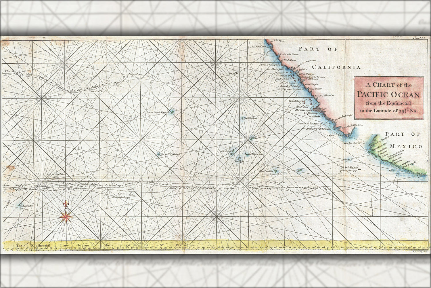 24"x36" Gallery Poster, 1748 Anson Map of Baja California and the Pacific with Trade Routes from Acapulco to Manila - Copy
