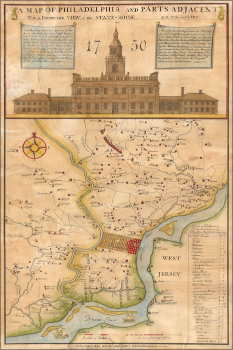24"x36" Gallery Poster, 1752 ( 1850 ) Scull ^ Heap Map of Philadelphia ^ Environs (first view of Phillidelphia State House)