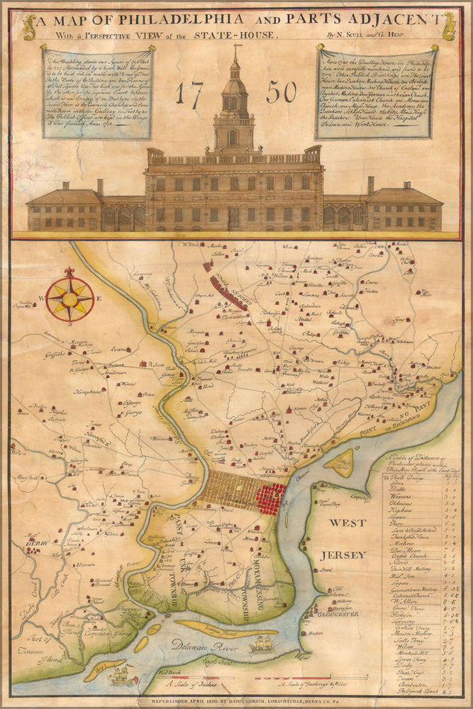 24"x36" Gallery Poster, 1752 ( 1850 ) Scull ^ Heap Map of Philadelphia ^ Environs (first view of Phillidelphia State House)