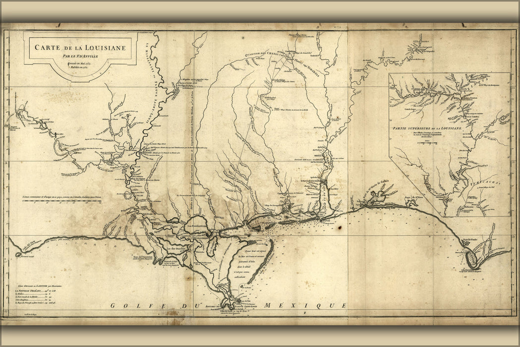 24"x36" Gallery Poster, 1752 map of new orleans and Louisiana