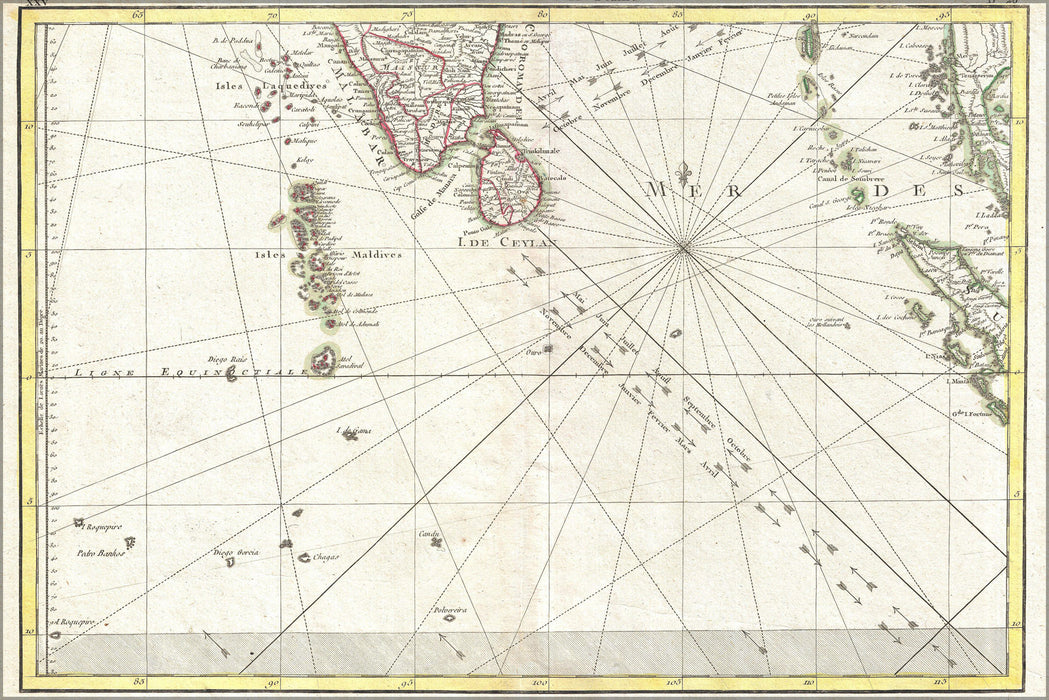 24"x36" Gallery Poster, 1770 Bonne Map of Southern India, Sri Lanka (Ceylon), the Maldives, and the Indian Ocean