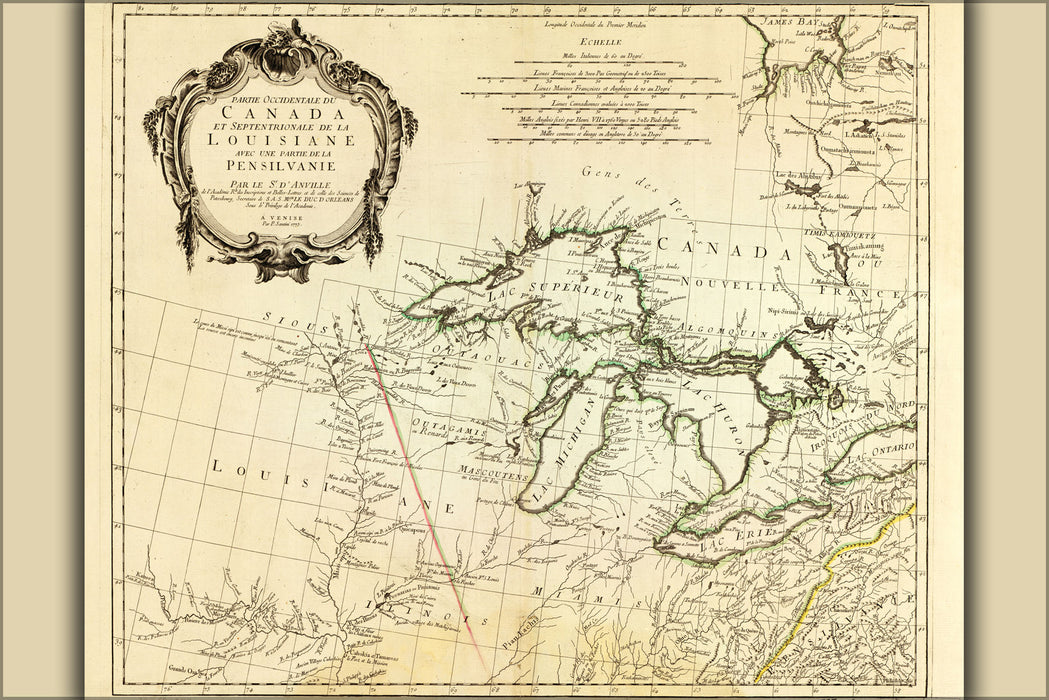 24"x36" Gallery Poster, 1775 map of the great lakes michigan wisconsin illinois