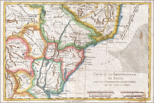 24"x36" Gallery Poster, 1780 Raynal and Bonne Map of Southern Brazil, Northern Argentina, Uruguay and Paraguay