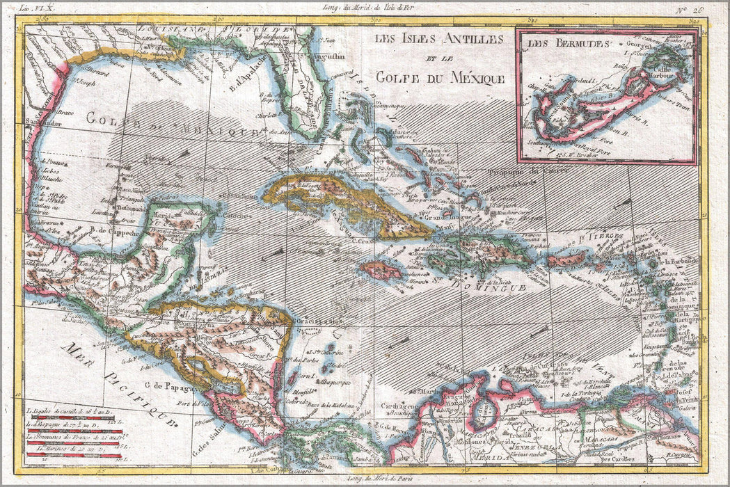 24"x36" Gallery Poster, 1780 Raynal and Bonne Map of the West Indies, Caribbean, and Gulf of Mexico Cuba Florida Mexico Haiti