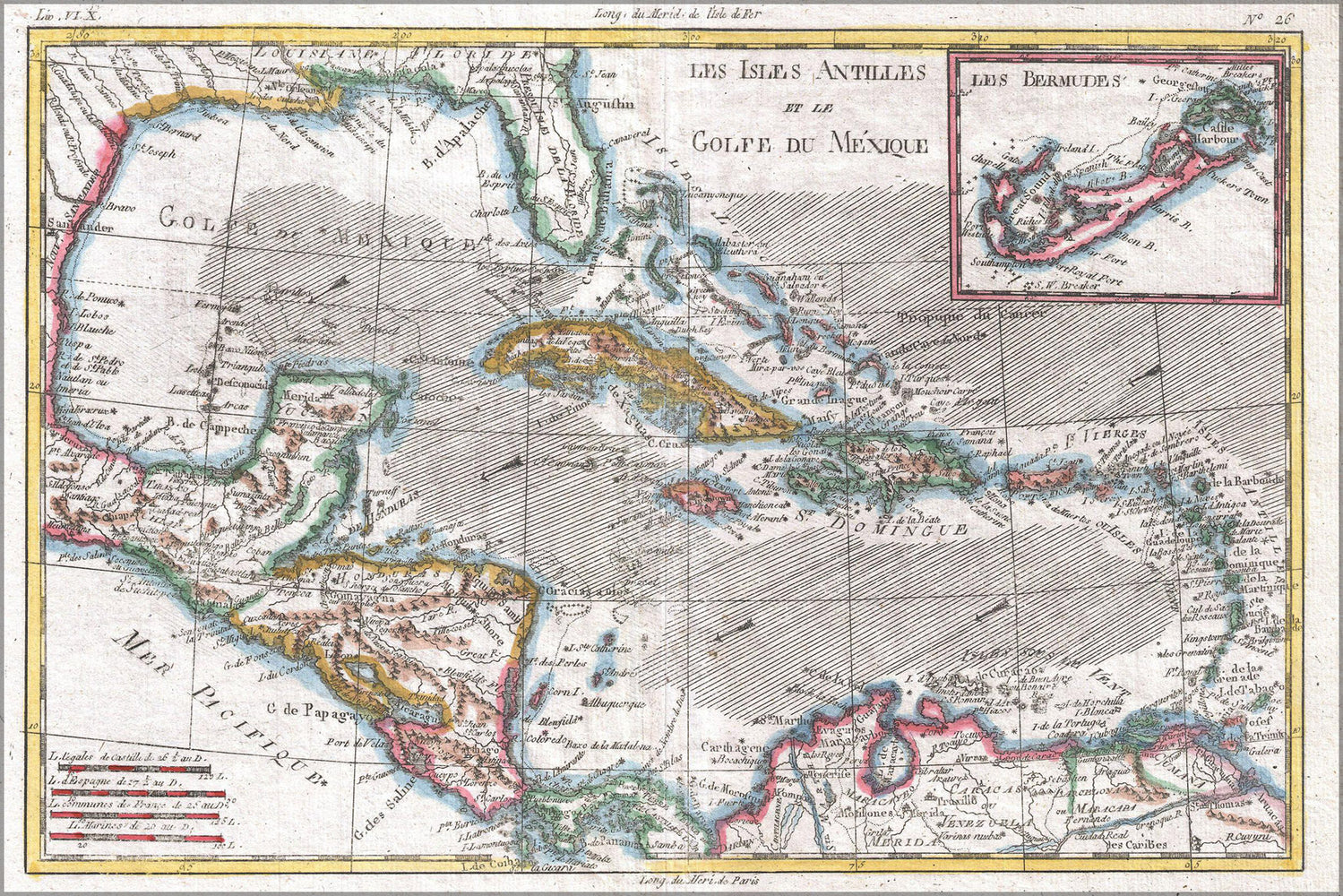 24"x36" Gallery Poster, 1780 Raynal and Bonne Map of the West Indies, Caribbean, and Gulf of Mexico Cuba Florida Mexico Haiti