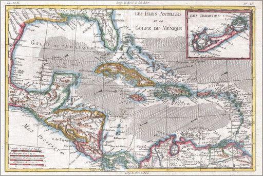 24"x36" Gallery Poster, 1780 Raynal and Bonne Map of the West Indies, Caribbean, and Gulf of Mexico Cuba Florida Mexico Haiti