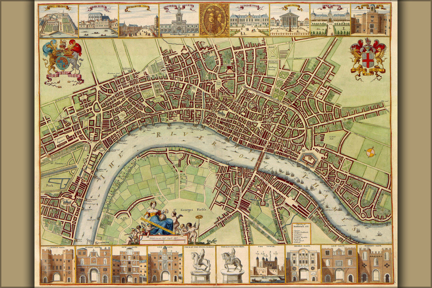 24"x36" Gallery Poster, 17th century map of London, originally started by W.Hollar,