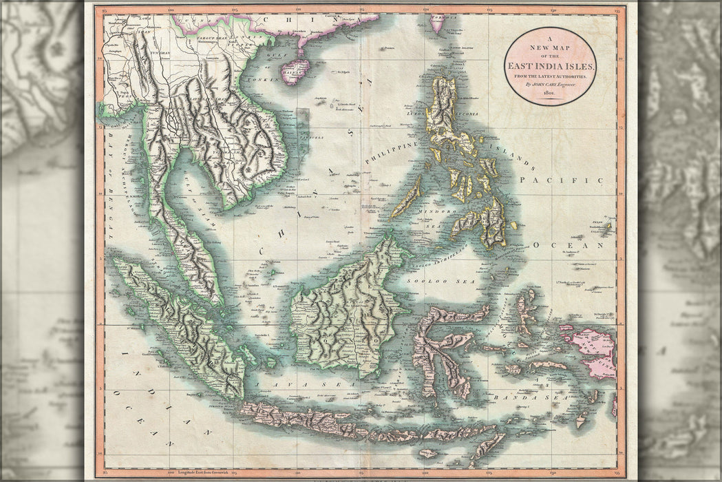 24"x36" Gallery Poster, 1801 Cary Map of the East Indies and Southeast Asia ( Singapore, Borneo, Sumatra, Java, Philippines Vietnam