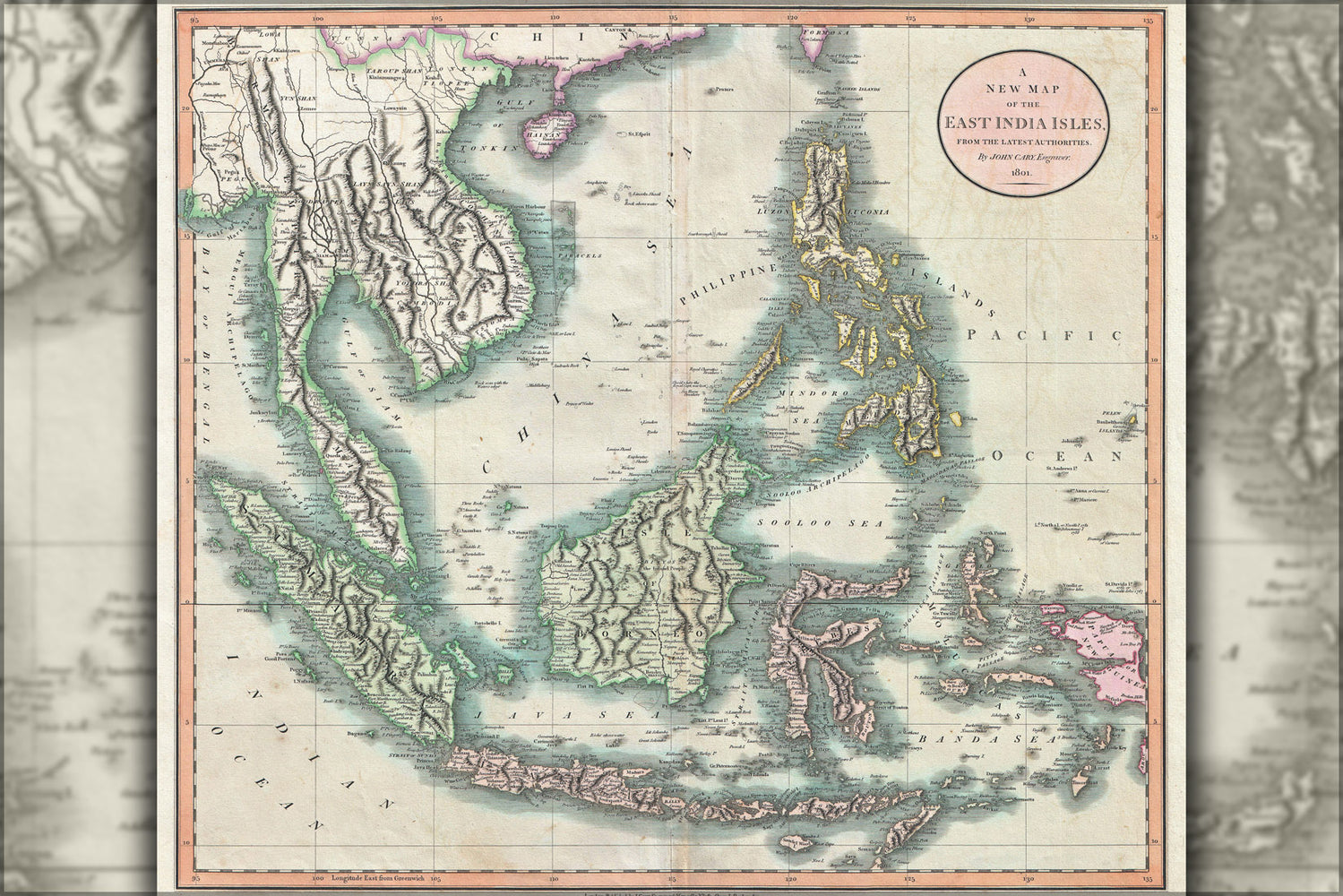 24"x36" Gallery Poster, 1801 Cary Map of the East Indies and Southeast Asia ( Singapore, Borneo, Sumatra, Java, Philippines Vietnam