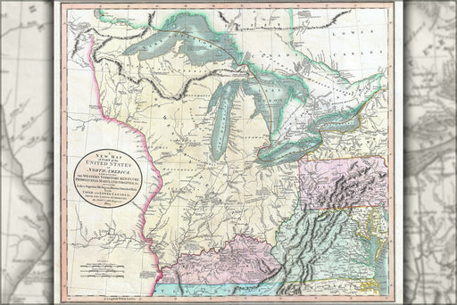 24"x36" Gallery Poster, 1805 Cary Map of the Great Lakes and Western Territory (Kentucy, Virginia, Ohio, Pennsylvania Michigan