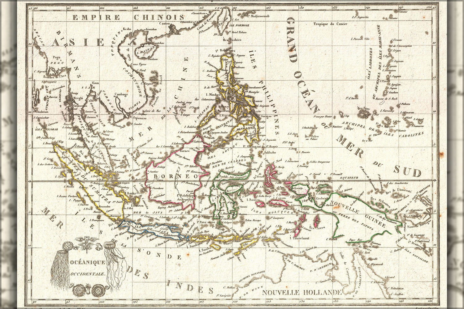 24"x36" Gallery Poster, 1810 Tardieu Map of the East Indies, Singapore, Southeast Asia, Sumatra, Borneo, Java in French