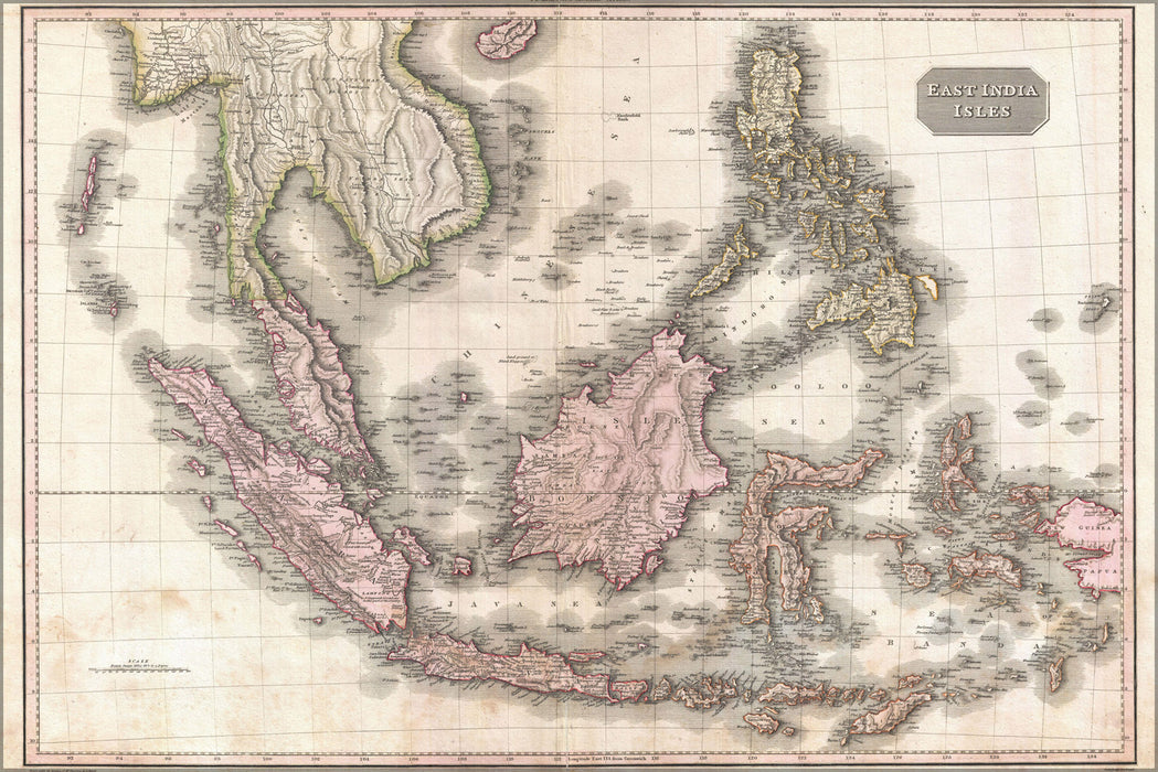 24"x36" Gallery Poster, 1818 Pinkerton Map of the East Indies and Southeast Asia (Singapore, Borneo, Java, Sumatra, Thailand