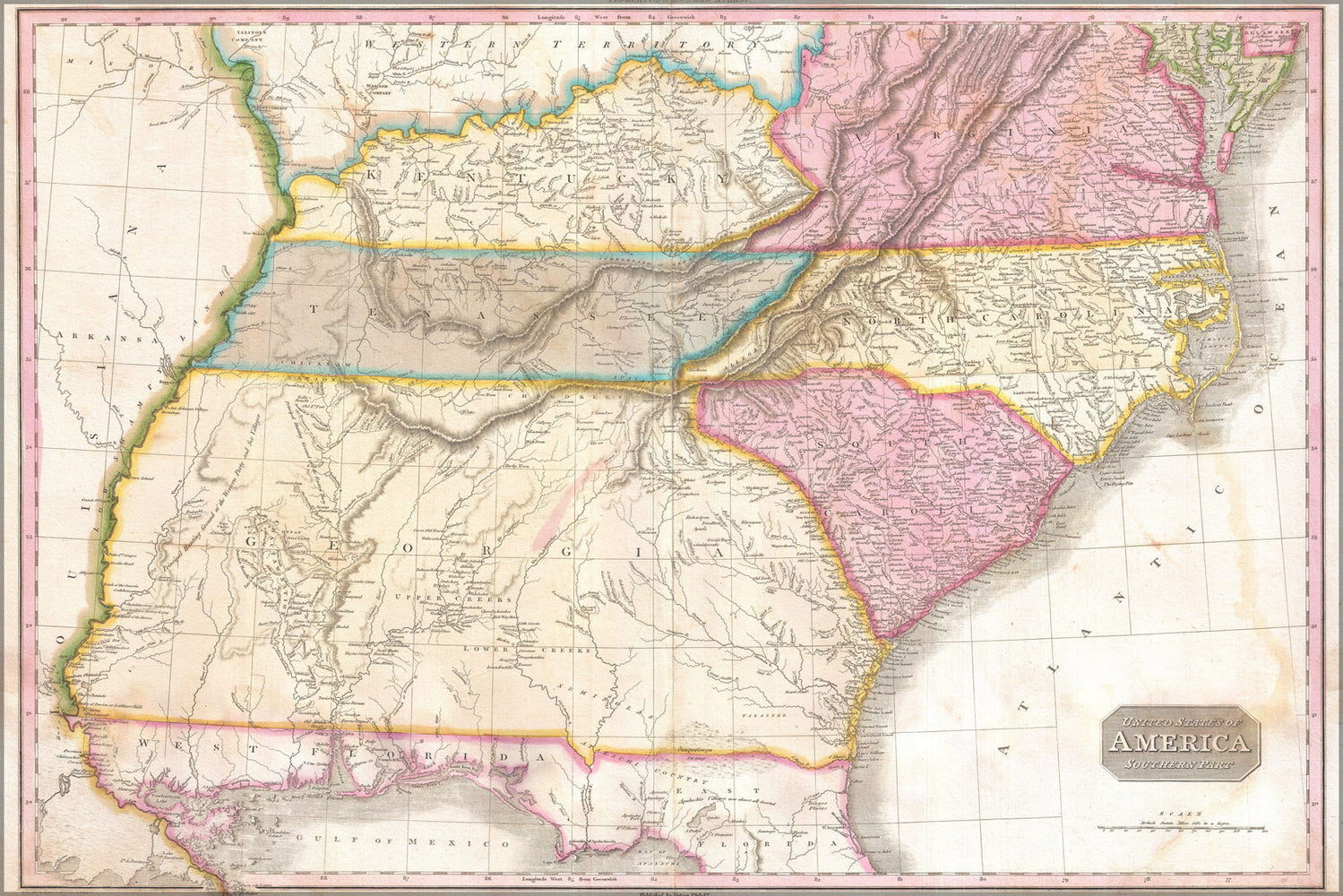 24"x36" Gallery Poster, 1818 Pinkerton Map of the Southeastern United States, Carolina, Georgia, Virginia  kentucky