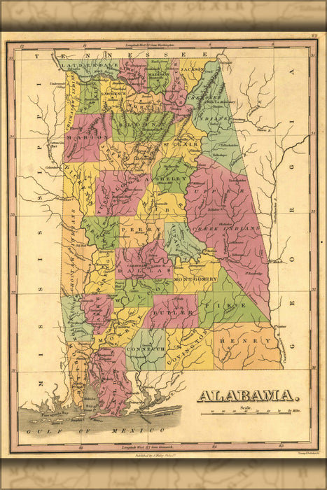 24"x36" Gallery Poster, 1823 Map of Alabama counties